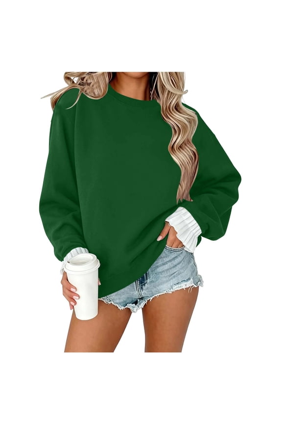 Womens Crew Neck Sweatshirt Ruffle Cuff Long Sleeve Tops Regular Fit Casual Pullover Sweatshirts