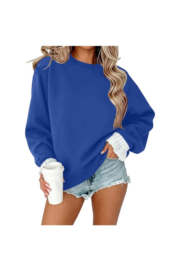 Womens Crew Neck Sweatshirt Ruffle Cuff Long Sleeve Tops Regular Fit Casual Pullover Sweatshirts