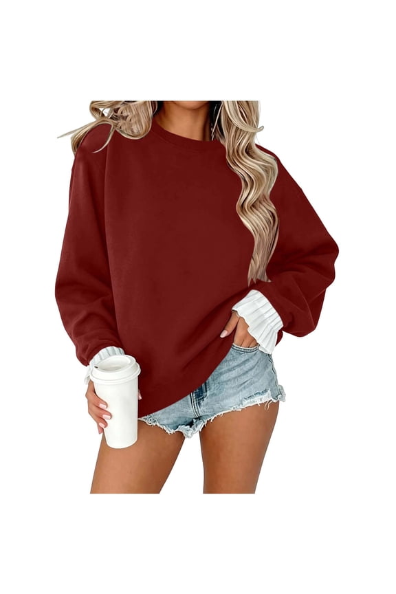 Womens Crew Neck Sweatshirt Ruffle Cuff Long Sleeve Tops Regular Fit Casual Pullover Sweatshirts