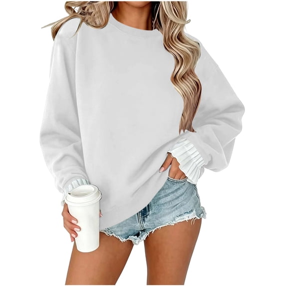 Maplenight Womens Crew Neck Sweatshirt Ruffle Cuff Long Sleeve Tops Regular Fit Casual Pullover Sweatshirts
