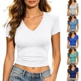 thumbnail image 1 of Maplenight Womens Crop Tops Lightweight Short Sleeve T Shirts Breathable V Neck Side Ruched Casual Going Out Summer Basic Tees, 1 of 6