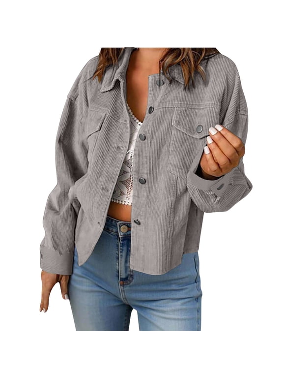 Womens Cropped Corduroy Shackets Button Down Long Sleeve Fall Fashion Jacket Loose Fit Casual Womens Tops with Pockets