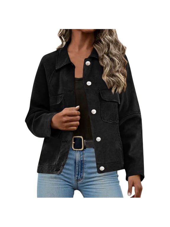 Womens Cropped Jackets Casual Fall Winter Coats Button Down Vintage Trendy Shackets with Pockets