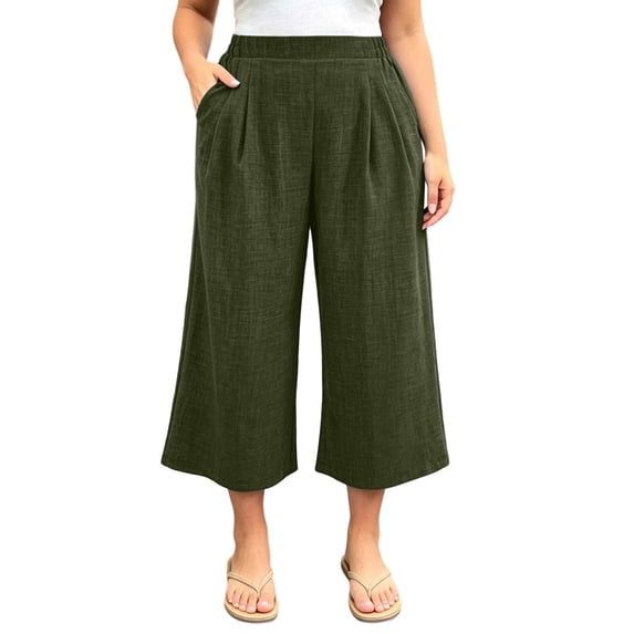 Maplenight Womens Cropped Wide Leg Pants Elastic High Waist Casual Work Pants Business Office Summer Pants with Pockets