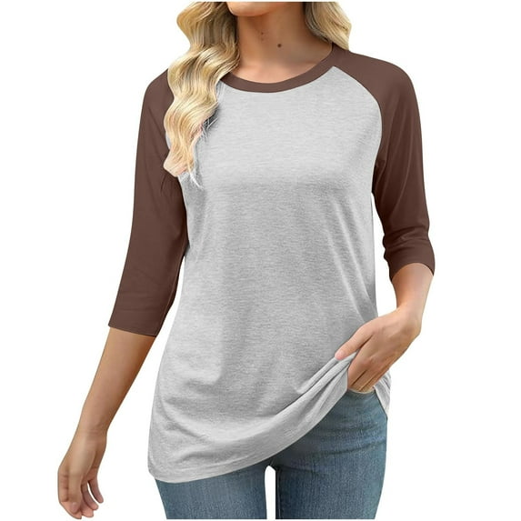 Maplenight Womens Fall Tops 3/4 Sleeve Shirts Crew Neck Loose Fit Casual Tshirts Color Block Tees Ladies Blouses
