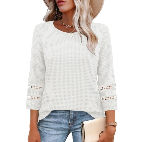Maplenight Womens Fall Tops Business Casual 3/4 Length Sleeve Shirts Crewneck Waffle Knit Lightweight Pullover