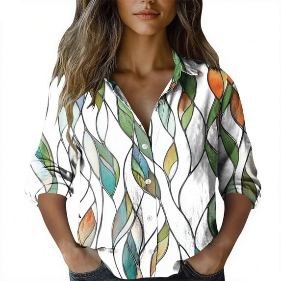 Maplenight Womens Fall Tops Business Casual Beach Long Sleeve Going Out Tops Button Down Graphic Print Blouses Fall Fashion Outfits