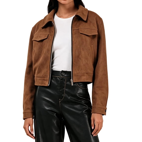 Maplenight Womens Faux Suede Jacket Zip Up Cropped Jackets Collared Casual Work Office Jacket with Pockets