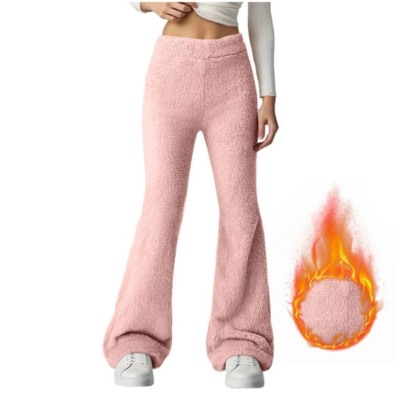 Maplenight Womens Flared Lounge Pants Thermal Fleece Elastic High Waist Pants Fall Winter Soft Casual Trousers