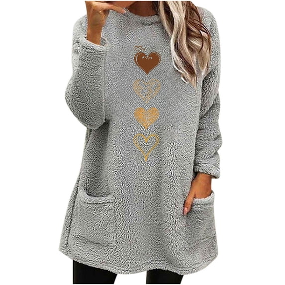 Maplenight Womens Fleece Pullover Sweater Sherpa Warm Crew Neck Sweatshirts Heart Print Long Sleeve Loungewear Winter Thermal Tops with Pockets