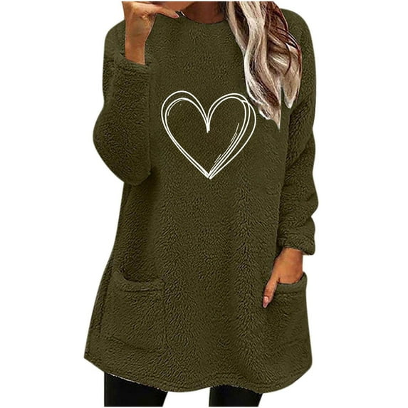 Maplenight Womens Fleece Pullover Sweater Sherpa Warm Crew Neck Sweatshirts Heart Print Long Sleeve Loungewear Winter Thermal Tops with Pockets