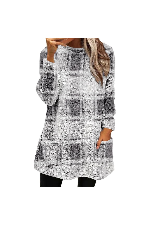 Womens Fleece Tunic Pullover Long Sherpa Dress Crew Neck Plaid Fuzzy Sweatshirts Oversized Coat with Pockets