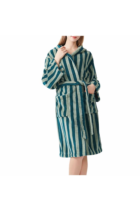 Womens Fuzzy Robes Striped Hooded Loungewear Soft Long Plush Fleece Bathrobes with Pockets