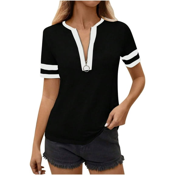 Maplenight Womens Half Zip Shirts Short Sleeve V Neck Tops Summer Color Block Fit Casual Blouse