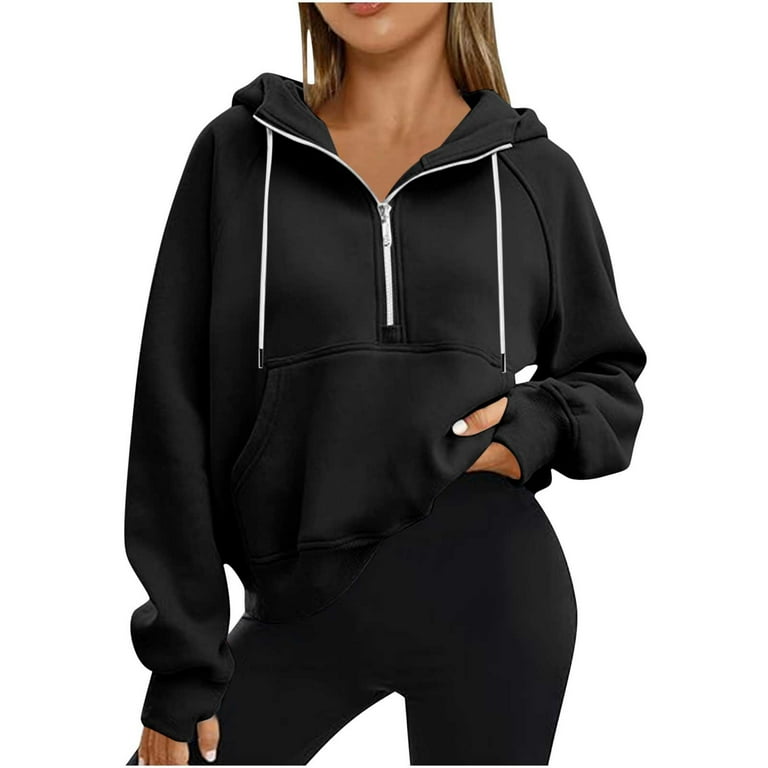 Maplenight Womens Half Zipper Sweatshirt Thumb Hoodie Hat Hoodie