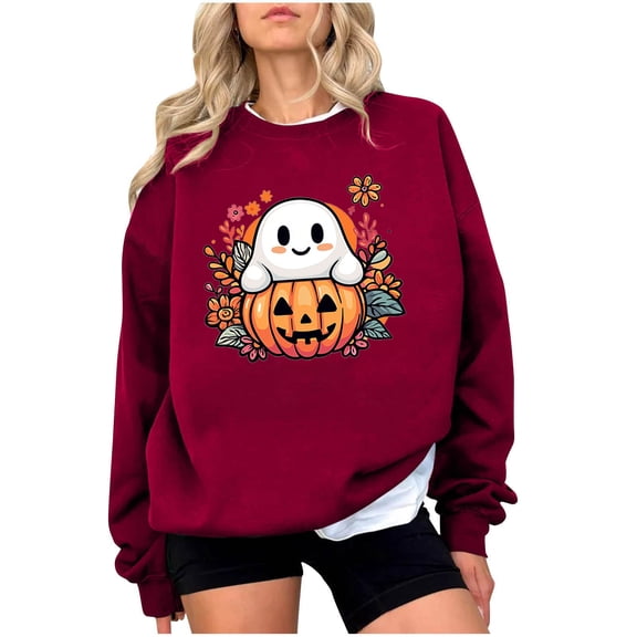 Maplenight Womens Halloween Sweatshirts Funny Ghost Pumpkin Graphic Long Sleeve Pullover Womens Tops Solid Relaxed Fit Casual Sweatshirt for Fall Winter