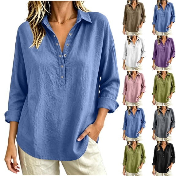 Maplenight Womens Henley Shirts Collared Long Sleeve Half Button Blouses Breathable Relaxed Fit Summer Casual Tops