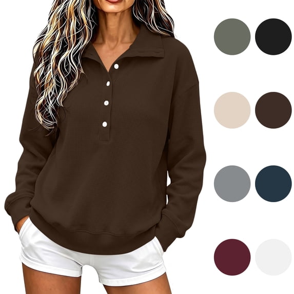 Maplenight Womens Henley Sweatshirts Waffle Knit Button Up Pullover Sweatshirt Side Slit Long Sleeve Casual Fall Tops