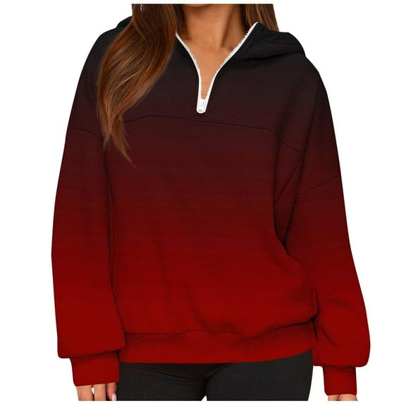 Maplenight Womens Hooded Sweatshirt Casual Quarter Zip Hoodies Gradient Color Relaxed Fit Long Sleeve Pullover Sweatshirts