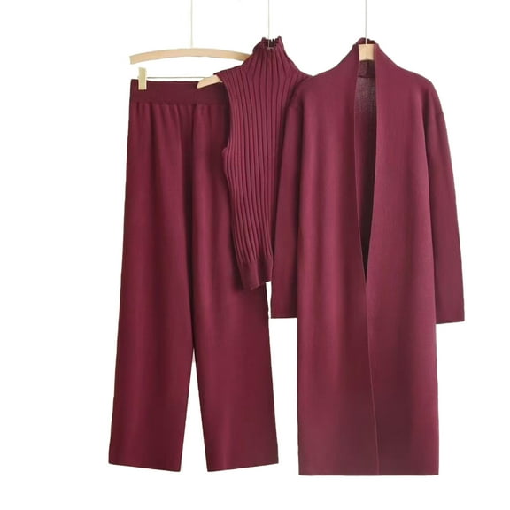 Maplenight Womens Knit 3 Piece Sets Long Cardigan Mock Neck Sweaters Wide Leg Pants Coordinated Outfit Fall Winter Business Casual Travel Outfits
