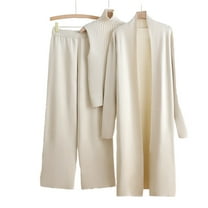 Maplenight Womens Knit 3 Piece Sets Long Cardigan Mock Neck Sweaters Wide Leg Pants Coordinated Outfit Fall Winter Business Casual Travel Outfits