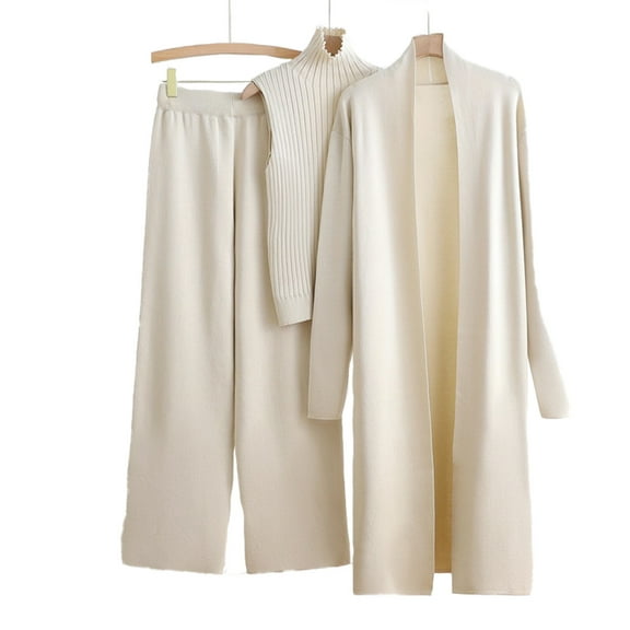 Maplenight Womens Knit 3 Piece Sets Long Cardigan Mock Neck Sweaters Wide Leg Pants Coordinated Outfit Fall Winter Business Casual Travel Outfits
