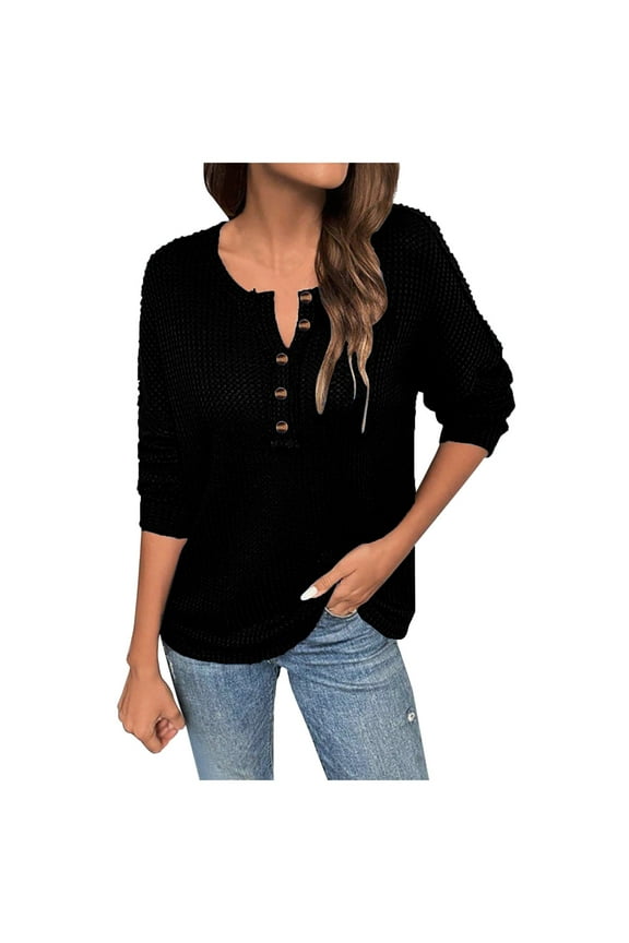 Womens Lightweight T Shirts Waffle V Neck Button Long Sleeve Henley Tunic Tops Solid Loose Casual Pullover Blouses for Fall Winter
