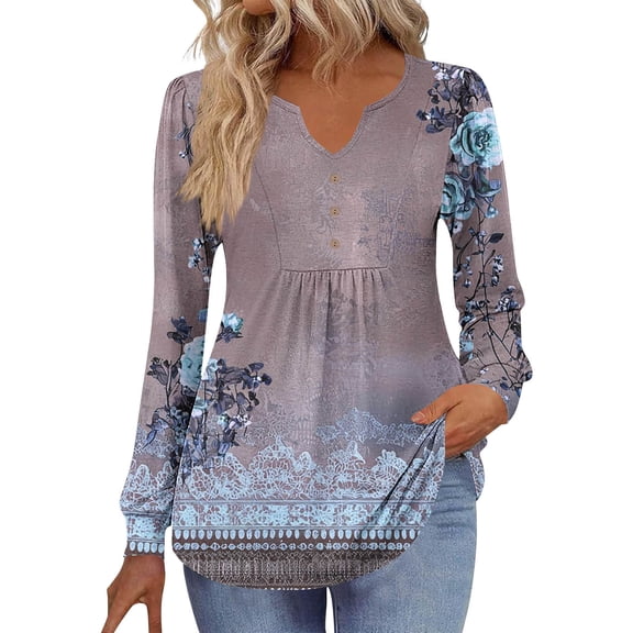Maplenight Womens Long Sleeve Tunic Tops Henley V Neck Shirts Business Casual Loose Fit Floral Blouses Fall Fashion Outfits