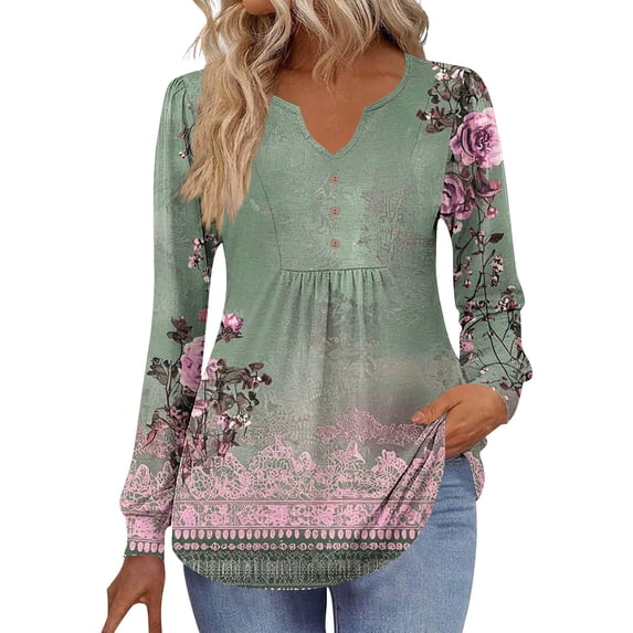 Maplenight Womens Long Sleeve Tunic Tops Henley V Neck Shirts Business Casual Loose Fit Floral Blouses Fall Fashion Outfits