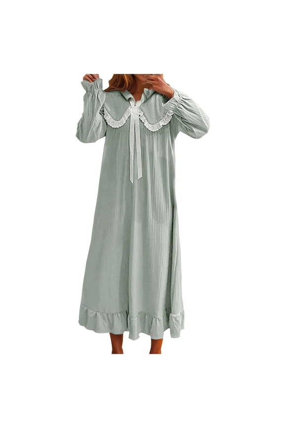Womens Nightgowns Long Sleeve Lace Trim Knee Length Fall Winter Sleepwear Solid Color Loose Cozy Loungewear​​