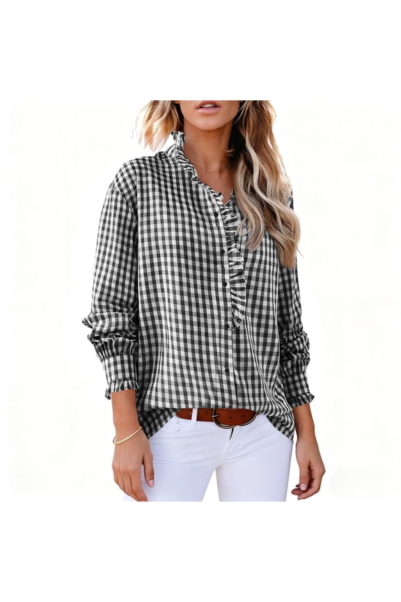Womens Plaid Shirts Button Down Blouse Casual Long Sleeve Tops Office Work Checkered Shirt
