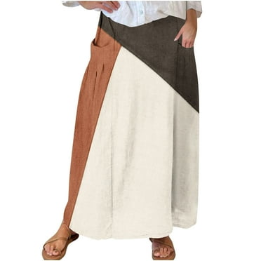 Maplenight Womens Plus Size Maxi Skirt Color Block Print Casual Elastic Waistband Pleated Skirt with Pockets S-5XL
