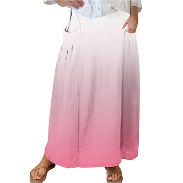 Maplenight Womens Plus Size Maxi Skirt Color Block Print Casual Elastic Waistband Pleated Skirt with Pockets S-5XL