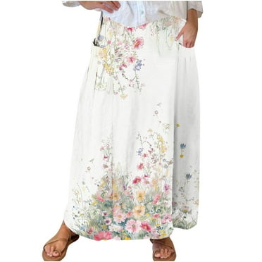 Maplenight Womens Plus Size Maxi Skirt Floral Print Casual Elastic Waistband Pleated Skirt with Pockets S-5XL