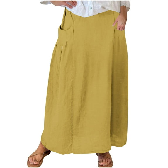 Maplenight Womens Plus Size Maxi Skirt Solid Color Casual Elastic Waistband Pleated Skirt with Pockets S-5XL