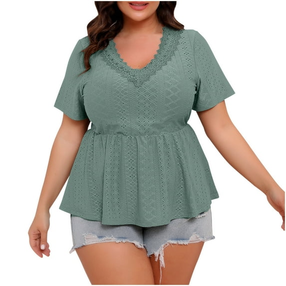 Maplenight Womens Plus Size Tops 2025 Flowy Peplum Tops for Women Oversized Dressy Short Sleeve Lace V Neck Babydoll Tops
