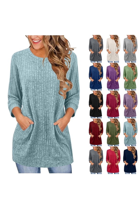 Womens Ribbed Knit Tunic Tops Soft Crew Neck 3/4 Sleeve Shirts Relaxed Fit Casual Ladies Fall Blouses with Pockets
