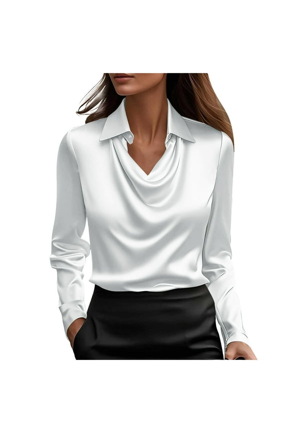 Womens Satin Silk Blouse Cowl Neck Dressy Casual Business Elegant Tops Long Sleeve Office Work Shirt Fall Outfits