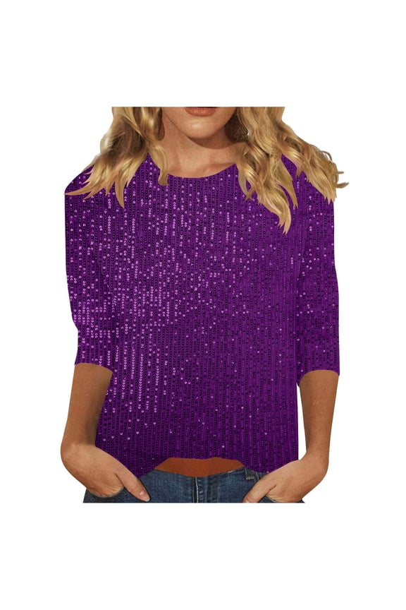 Womens Sequin Sparkly Tops Dressy Casual 3/4 Sleeve Shiny Shirts Glitter Party Evening Going Out Tops