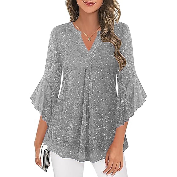 Maplenight Womens Sequin Tops 3/4 Ruffle Sleeve Sparkly Tops V Neck Blouses Dressy Casual Evening Shirts