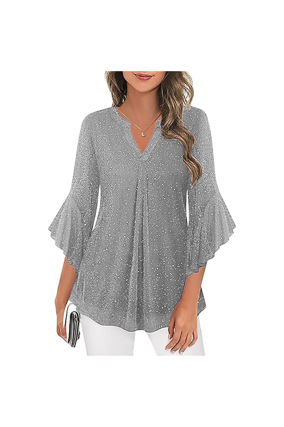 Womens Sequin Tops 3/4 Ruffle Sleeve Sparkly Tops V Neck Blouses Dressy Casual Evening Shirts
