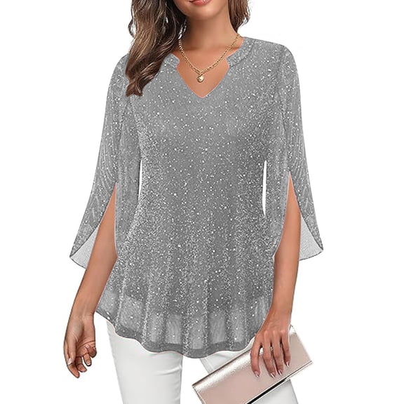 Maplenight Womens Sequin Tops Breathable 3/4 Ruffle Sleeve Sparkly Blouses Holiday Party Concert Outfits