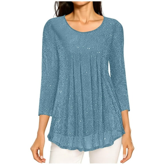 Maplenight Womens Sequin Tops Dressy Glitter 3/4 Sleeve Sparkly Blouse Pleated Cocktail Shirts for Holiday Evening Party