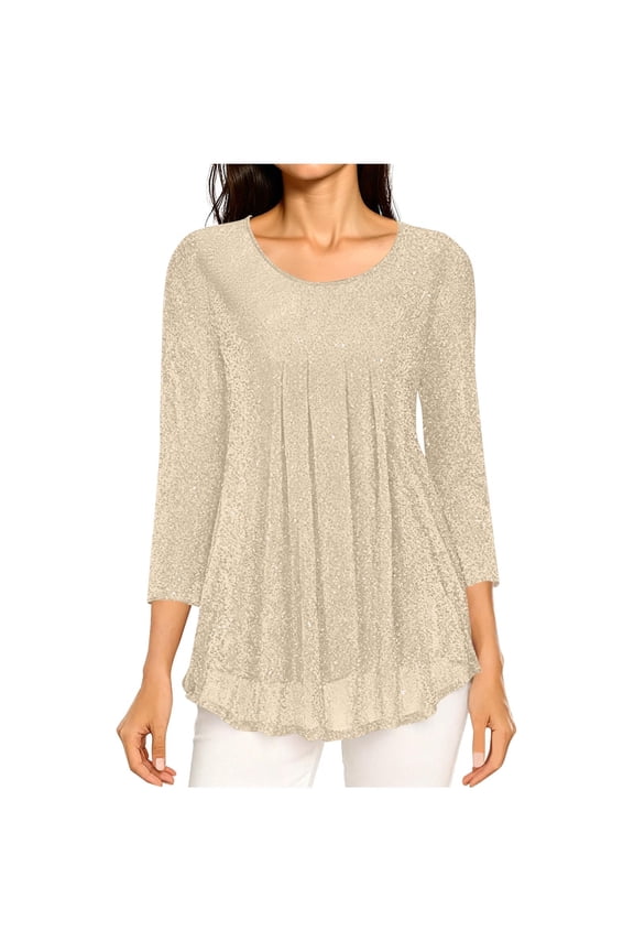 Womens Sequin Tops Dressy Glitter 3/4 Sleeve Sparkly Blouse Pleated Cocktail Shirts for Holiday Evening Party