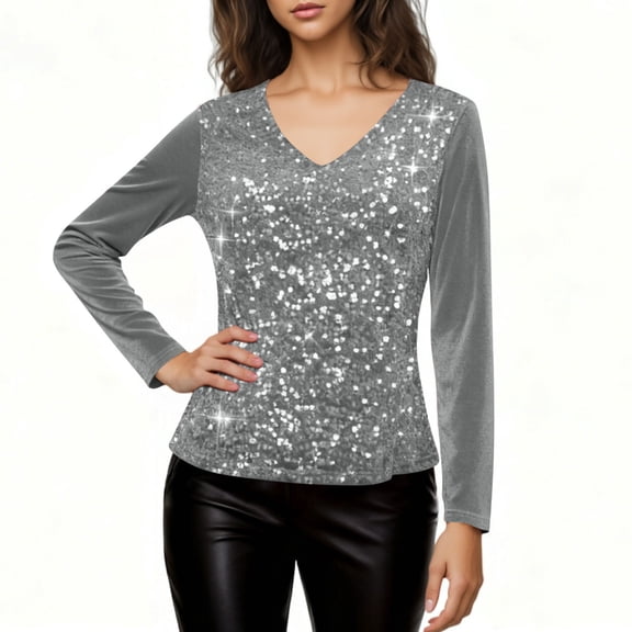 Maplenight Womens Sequin Velvet Tops Glitter Sparkly Party Holiday Blouse Long Sleeve V-Neck Going Out Tops