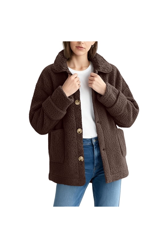 Womens Sherpa Jacket Oversized Button Down Fuzzy Fleece Jackets Long Sleeve Laple Teddy Coat Thermal Winter Outerwear with Pockets