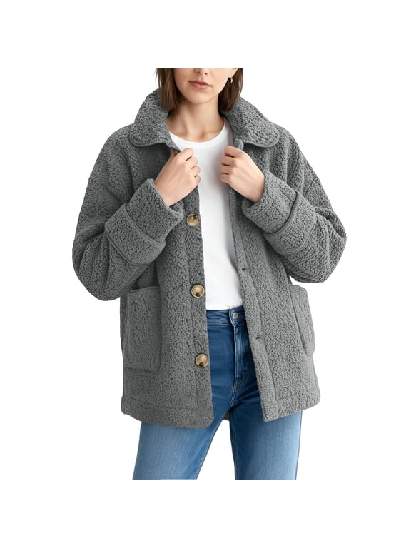 Womens Sherpa Jacket Oversized Button Down Fuzzy Fleece Jackets Long Sleeve Laple Teddy Coat Thermal Winter Outerwear with Pockets