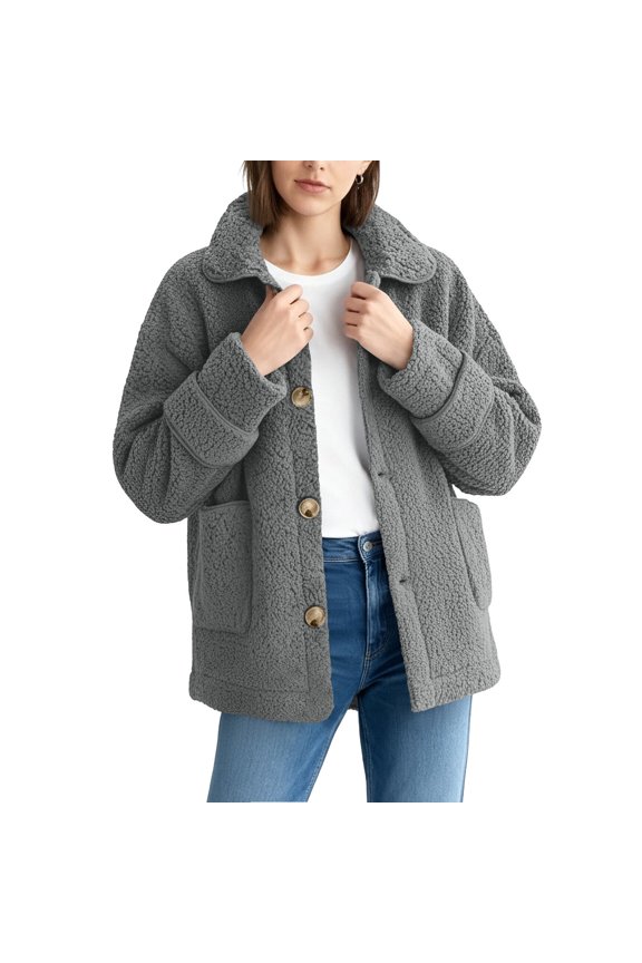 Womens Sherpa Jacket Oversized Button Down Fuzzy Fleece Jackets Long Sleeve Laple Teddy Coat Thermal Winter Outerwear with Pockets