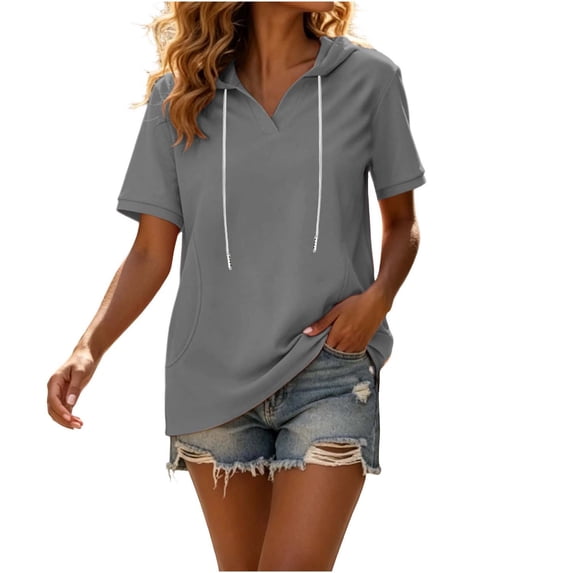Maplenight Womens Short Sleeve Hoodies Fall Pullover Tops with Pockets Drawstring Casual Hooded Sweatshirt