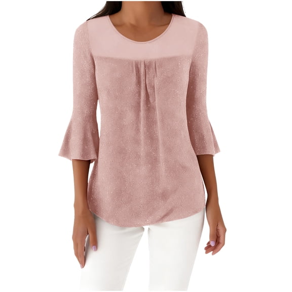 Maplenight Womens Sparkly Tops Dressy Ruffle 3/4 Sleeve Blouses Elegant Mesh Tunic Party Evening Shirts